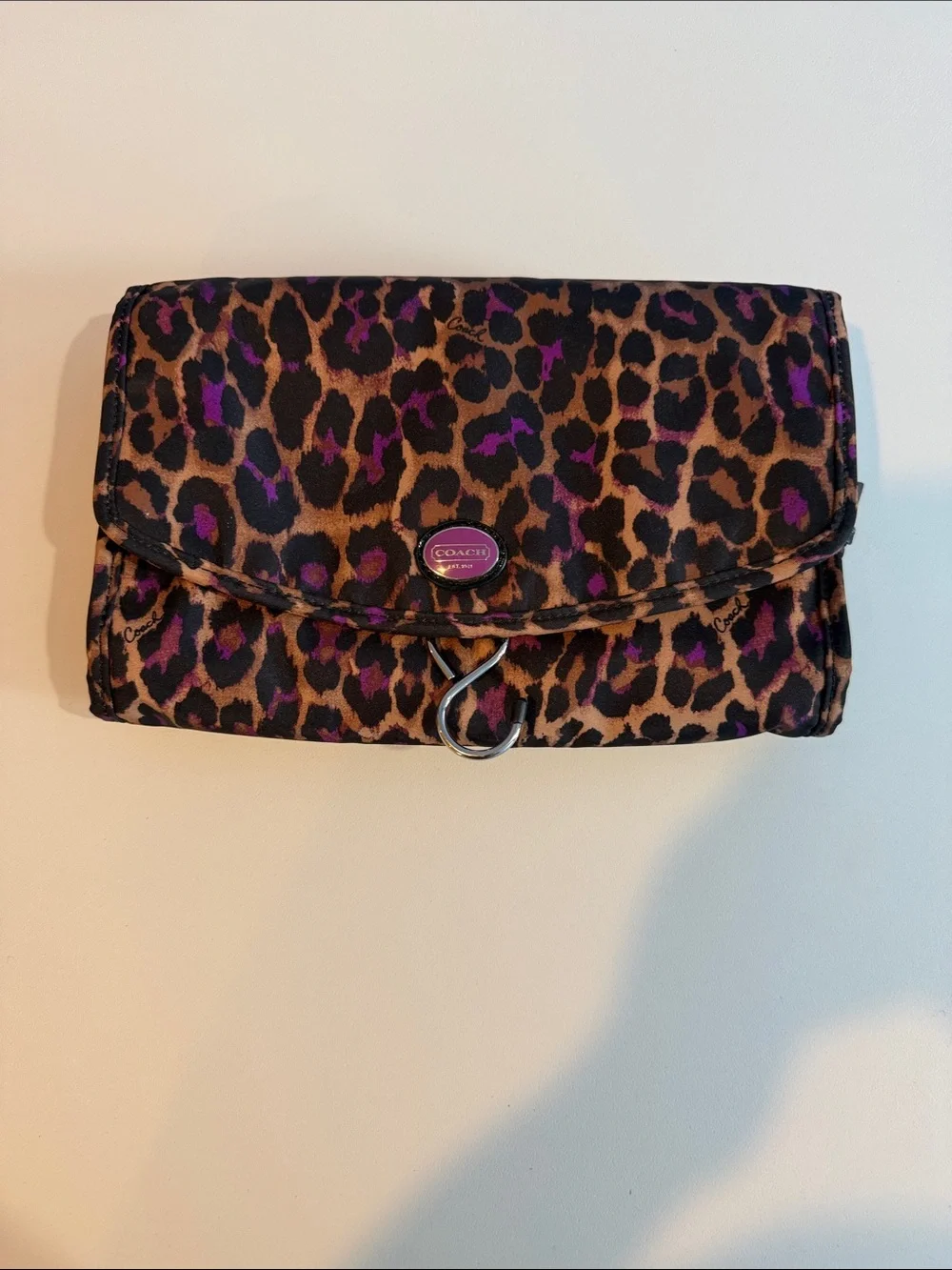 Coach Ocelot Purple Leopard Print Hanging Cosmetic Case Travel Bag